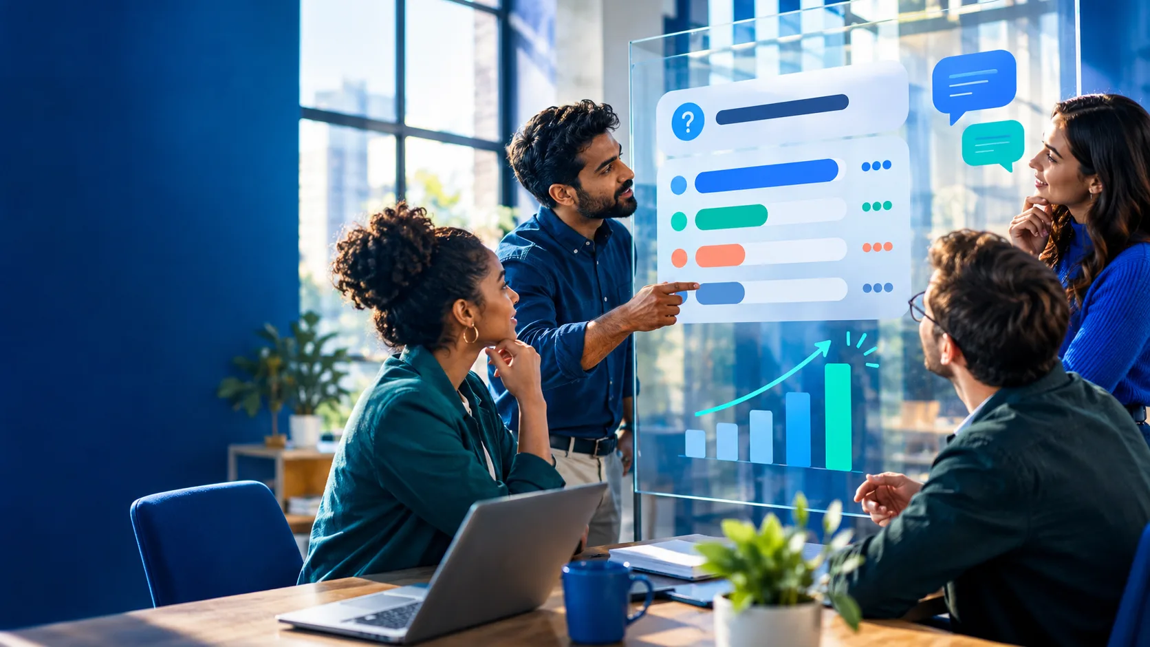 Professionals discussing a poll visualization and workplace ideas in a creative office
